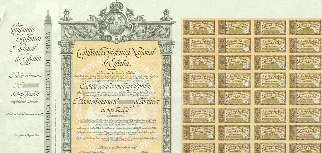 Acción ordinaria al portador 1925. Compañía Telefónica Nacional de España.