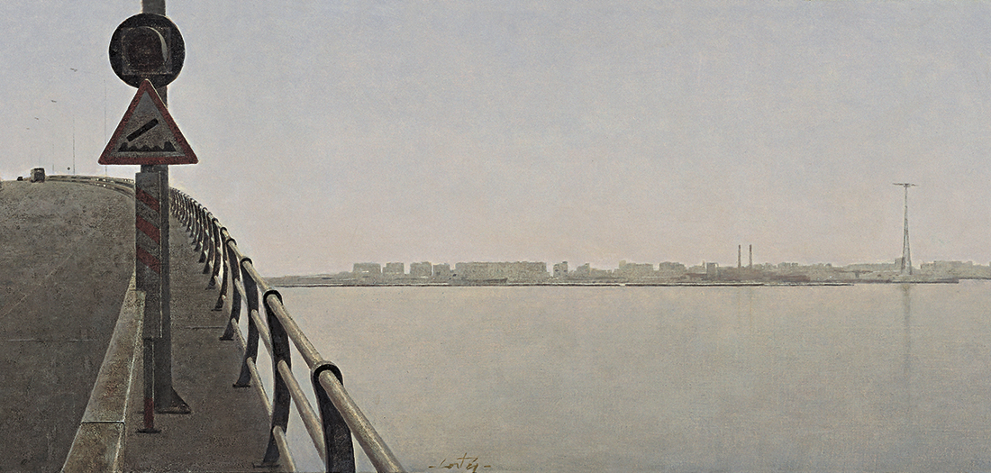 Puente sobre la Bahía de Cádiz (boceto), 1993. Óleo/cartón. Colección particular Juan M. González de las Cuevas (Madrid).